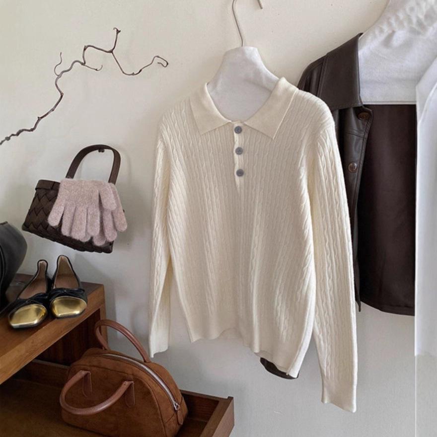 Polo Collar Long-sleeved Embroidered Twist Knitted Sweater for Women 1116 Autumn Soft Waxy Casual Foreign Style Bottomed Top for Women