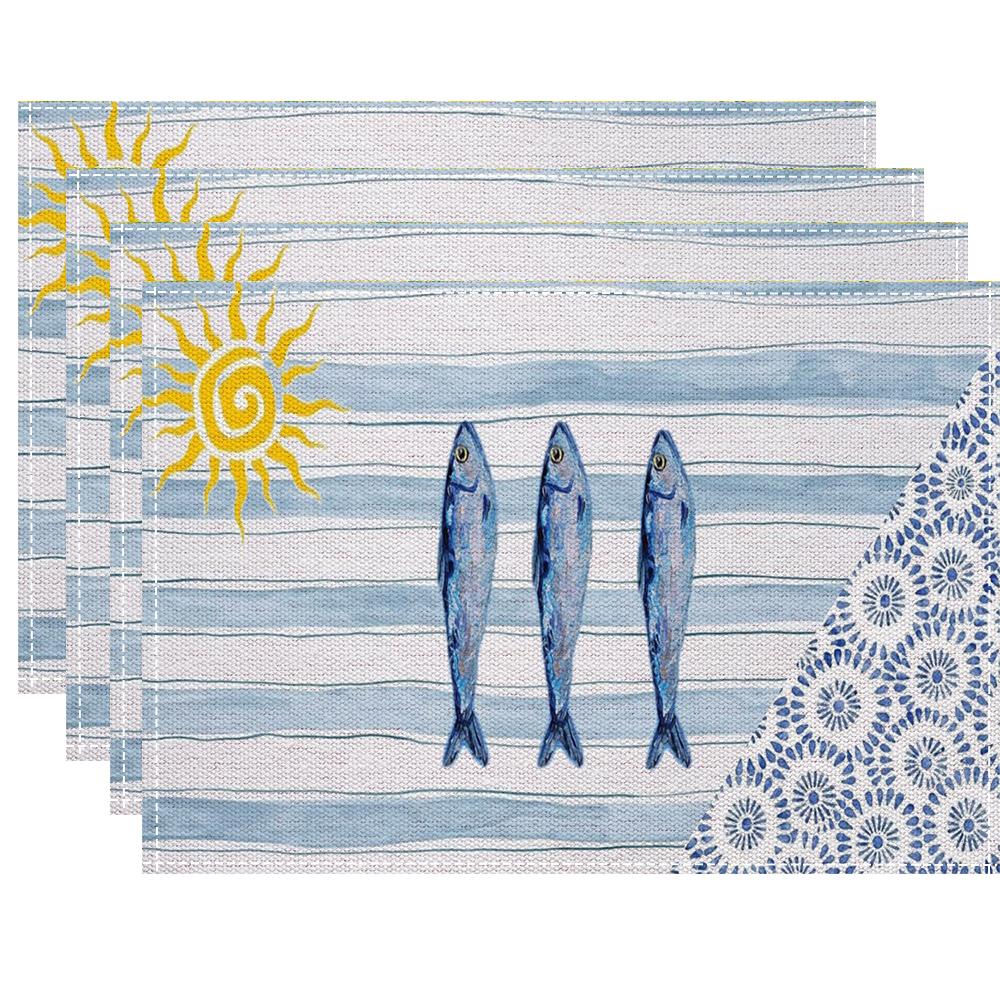 Vibrant Marine Art Placemats With Scattered Wave Design For Celebration Dinner Setting Cheerful Interior Decoration Easy Clean
