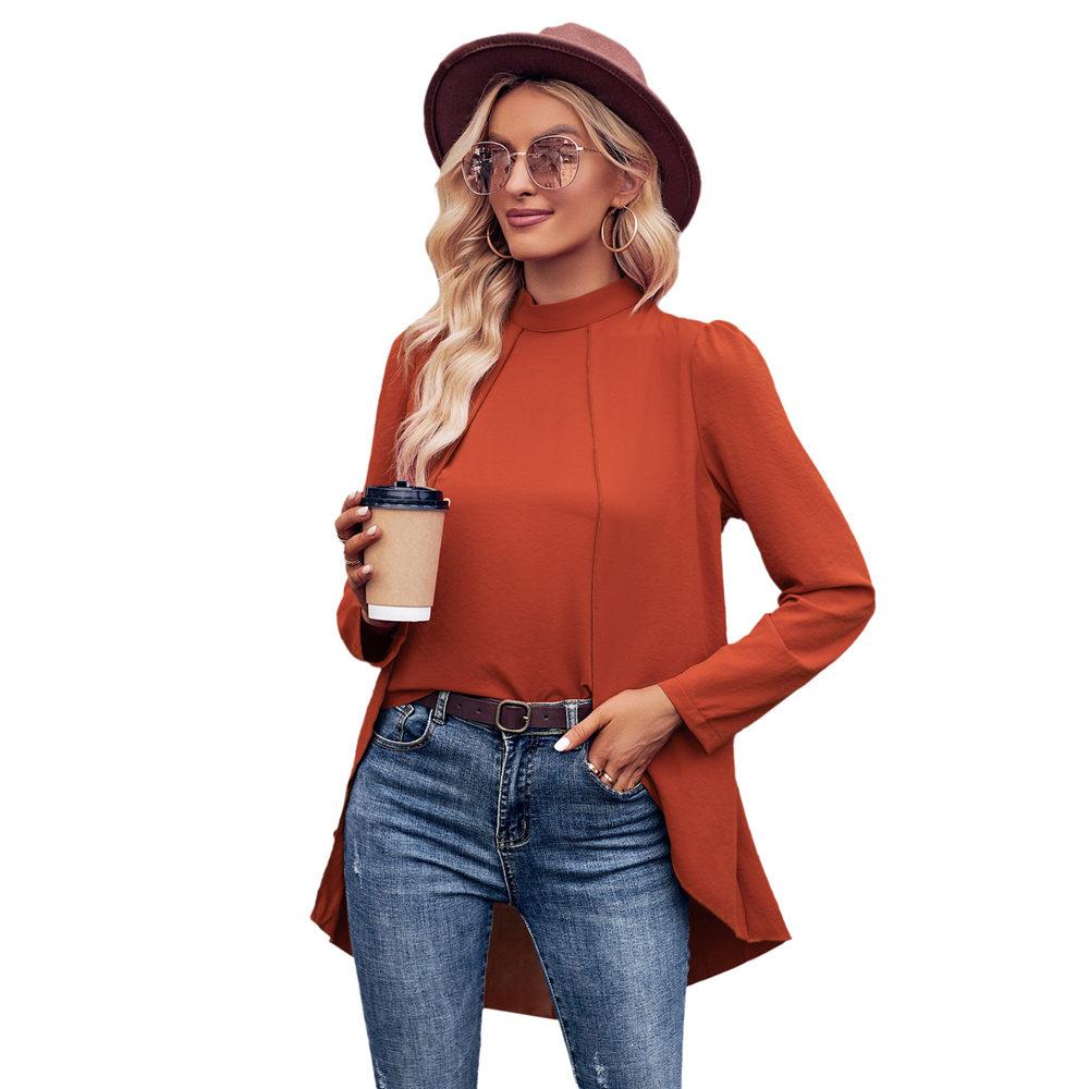 

Жіноча сорочка з двох предметів, довга маятникова суцільна кольорова блуза з довгим рукавом і напіввисокою горловиною, тонкий топ на весну XL помаранчевий