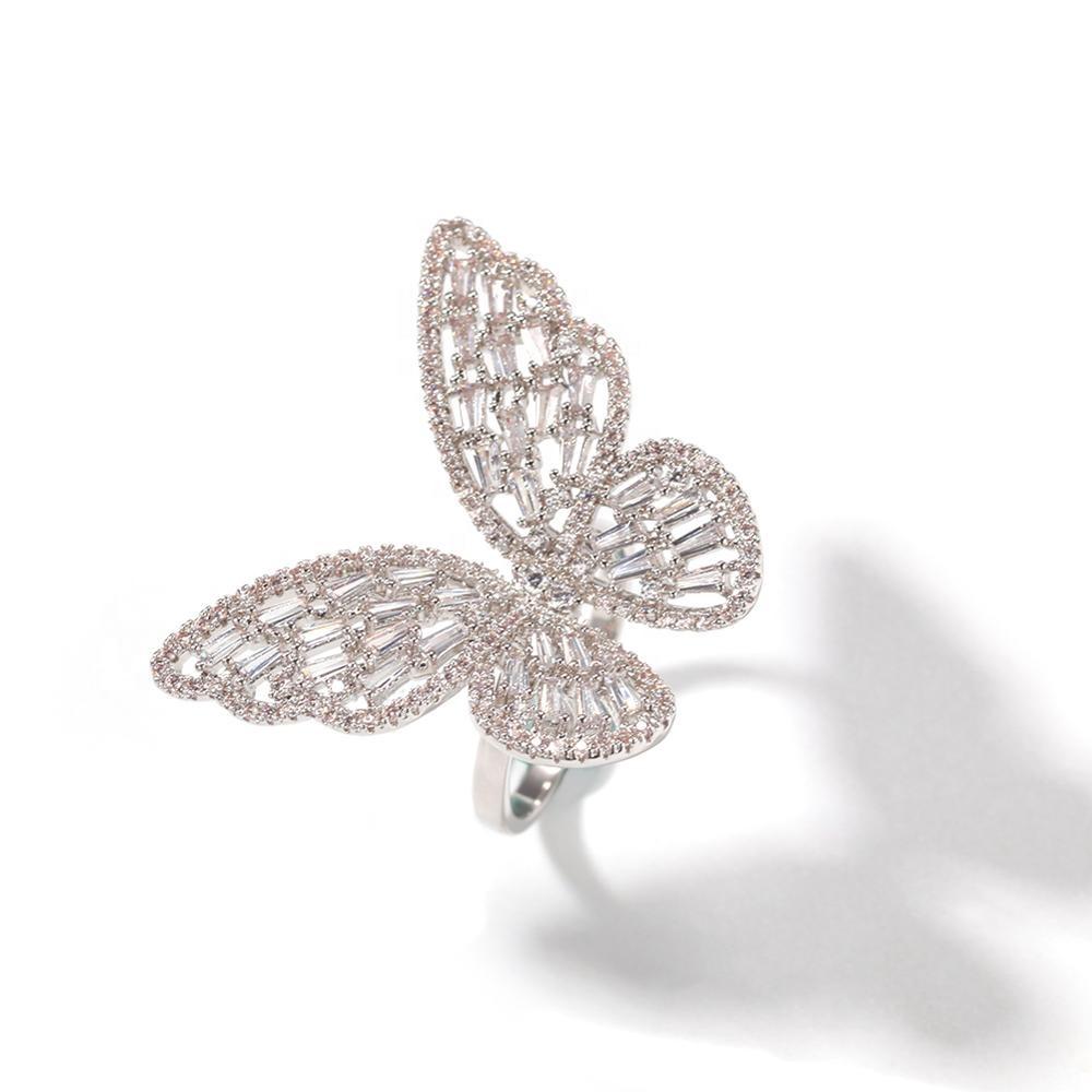 Hip Hop Pink Butterfly Ring Cubic Zirconia Gold Plating Baguette CZ Toe Finger Ring Women Rapper Bling Bling Jewelry