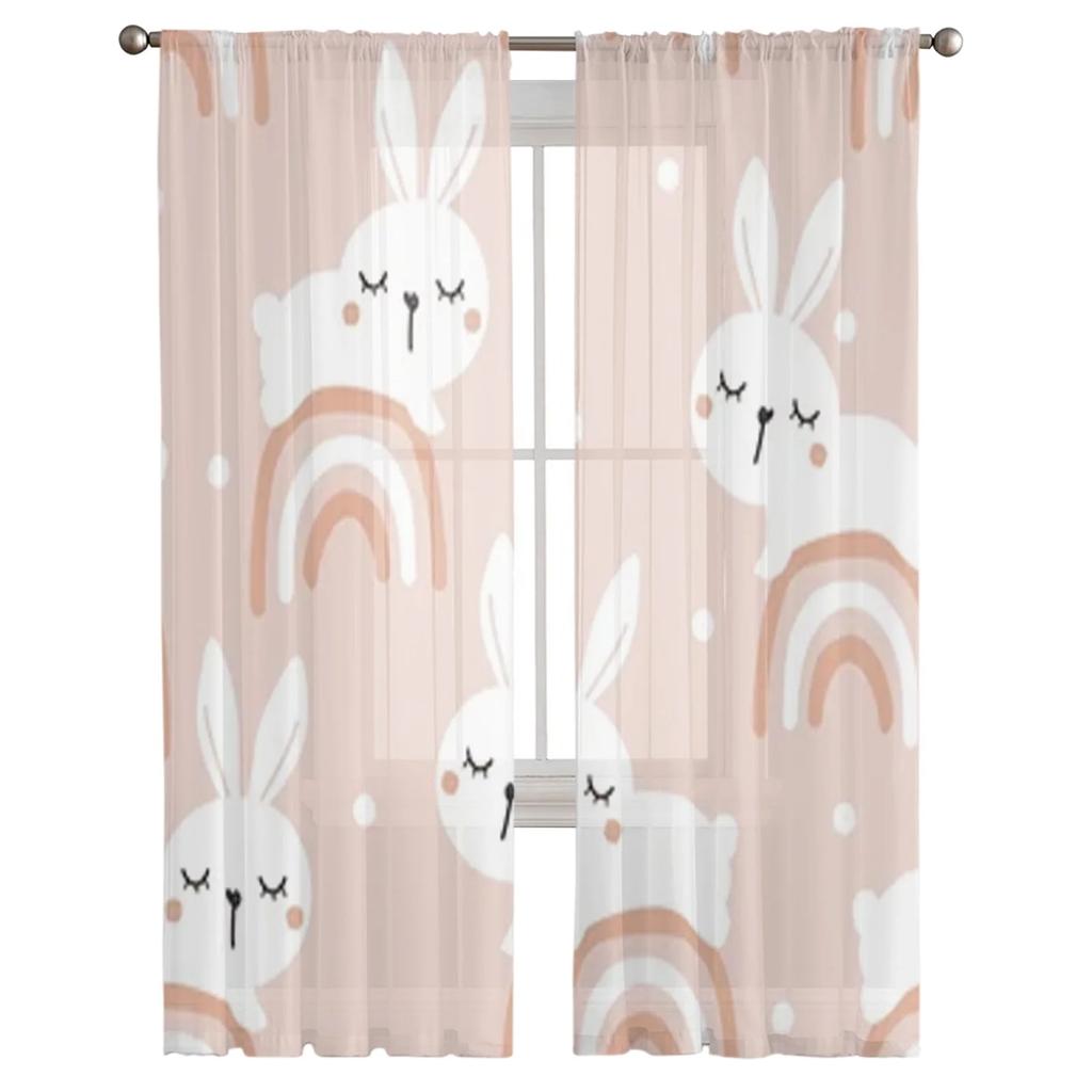 Durchsichtige Vorhänge mit Kaninchen-Cartoons und Regenbogen für Schlafzimmer, Voile-Vorhang, Wohnzimmer, Fenster, durchsichtige Vorhänge, Küche, Tüllvorhänge