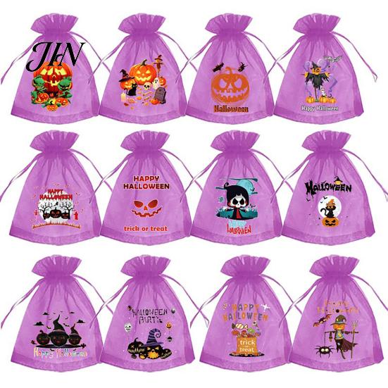 Halloween Candy Bag 12 Pcs Organza Bag, Drawstring Treat Pouch with Pumpkin Ghost Bat Party Favor Print, Sheer for Snacks, Trick or Gift Packaging