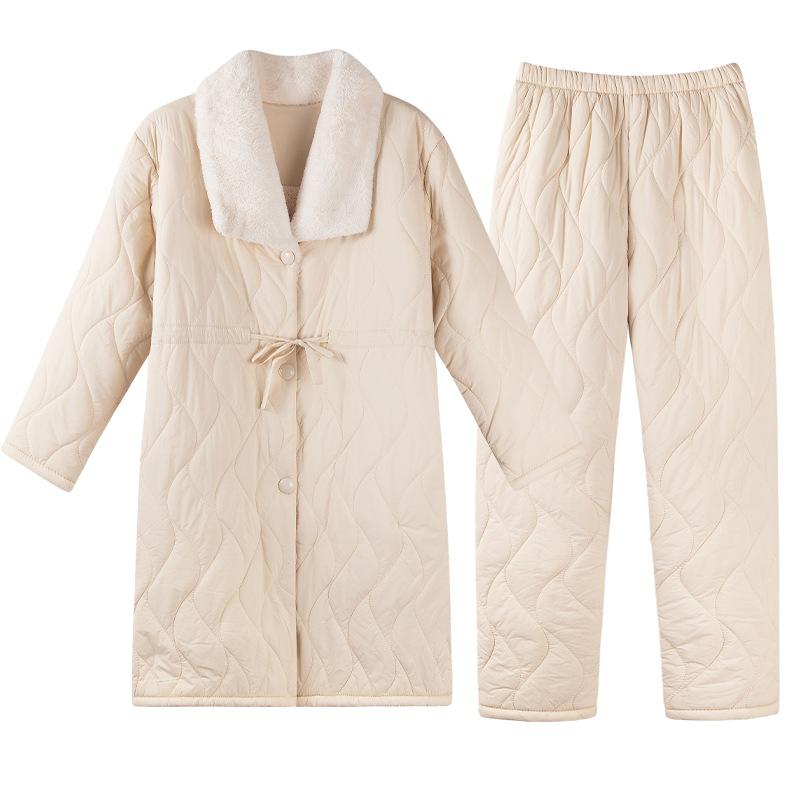 Pajamas Women'S Winter Down Cotton Three-Layer Thickened Fleece Clip Padded Jacket Warm Large Size Medium And Long Loungewear Set