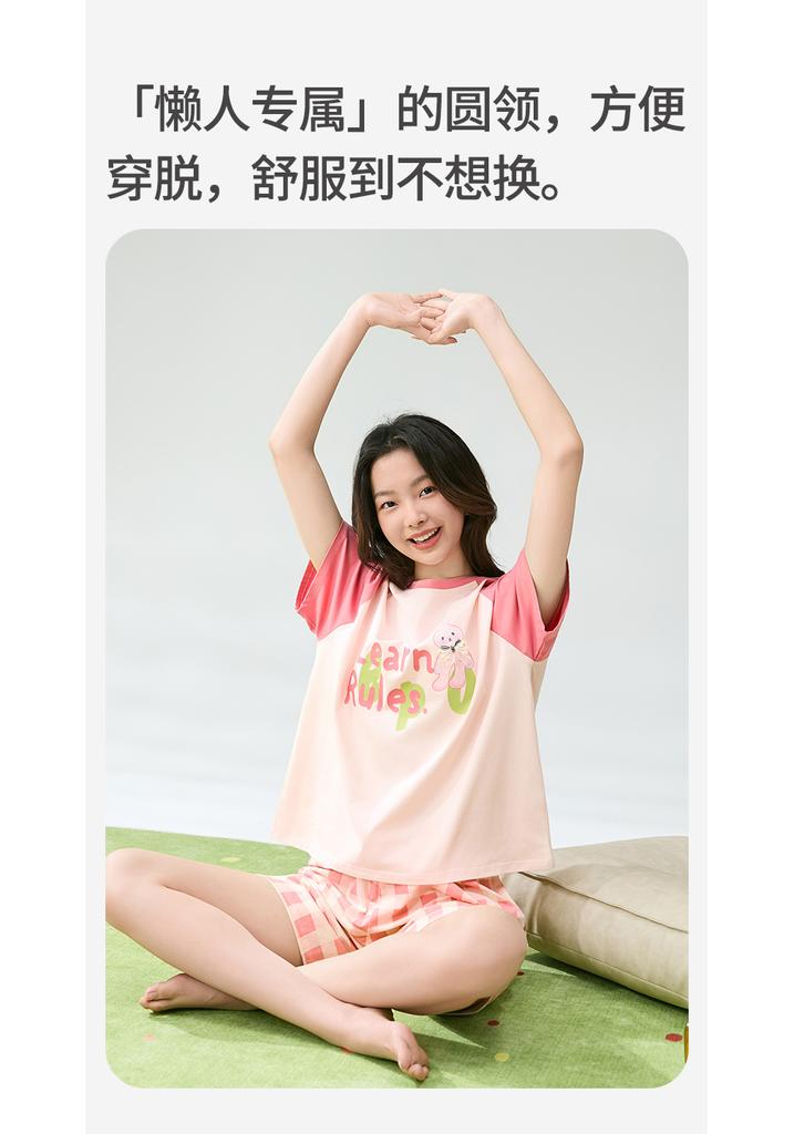 Fenteng [Super Soft A-class Antibacterial Cotton] Summer Round Neck Shorts Thin Pajamas Women's New Cartoon Home Clothes Set