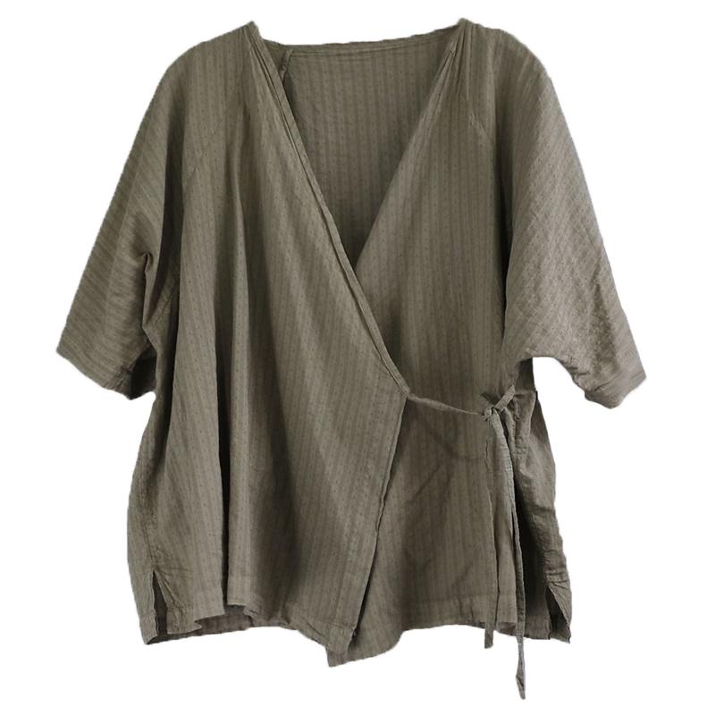 Johnature Women Vintage Blouses Summer V-Neck Short Sleeve Belt Shirts Tops Chinese Style Women Shirts