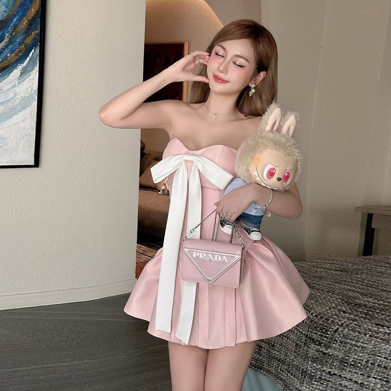 

2024 Cross-Border Fashion Style New Fall Women s Clothing Pure Color Silm Fashion off-Neck Tube Top Backless Dress Female Pink L