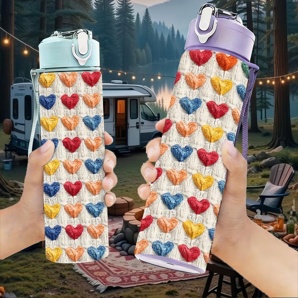 1PC Multicolor Heart Knitting Texture Print 750ml Color Plastic Sports Water Bottle Leakproof Flip Straw Lid Suitable for Sports Office Home Use