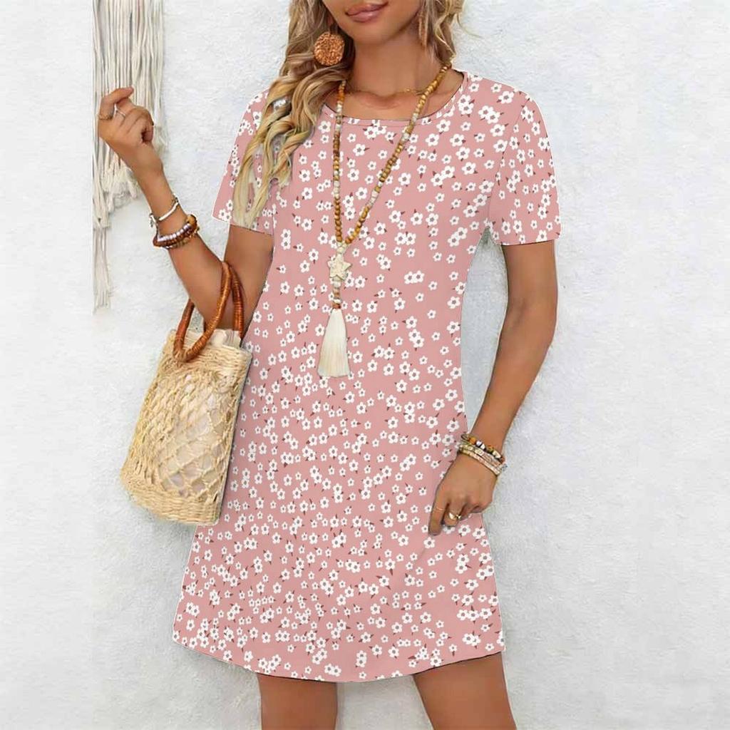 Women's Fashion Graceful Beautiful Flowers and Grass Print Summer Spring Short Sleeve O-Neck Casual Dresses