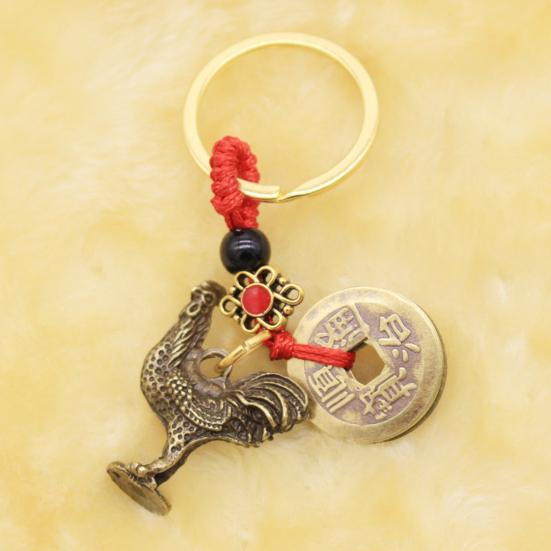 Retro Copper Keychain Pendant with Five Emperors Money Feng Shui Twelve Animal Charm Good Fortune Red Rope Key Chain Bag Car Accessory
