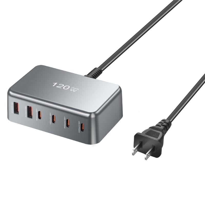 PD120W 4C2A Desktop Charger 4USB C 2USB A Port Fast Charging Hub Power Adapter for Multiple Devices ABS Housing
