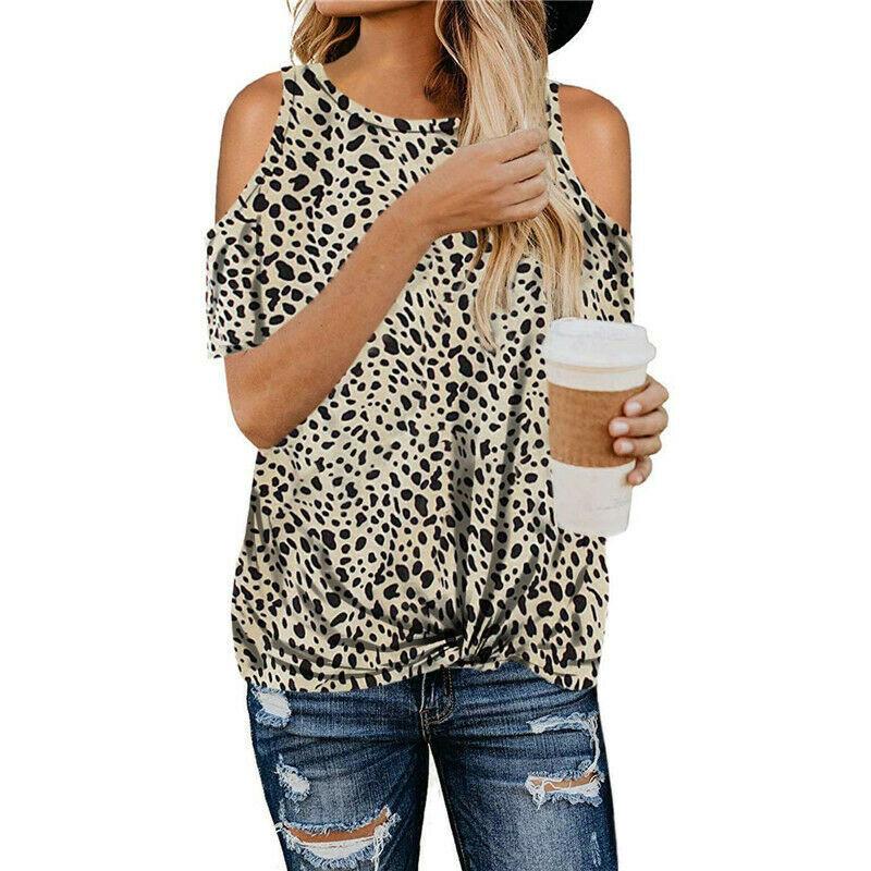 Elegante T-shirt da Donna con Stampa Leopardata e Design Cold Shoulder Perfetta per l'Estate