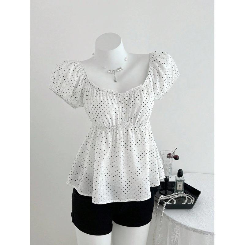 Summer New Polka Dot Puffed Sleeve Top, Printed Round Neck, Waist-cinching and Slimming Short-sleeved T-shirt for Women