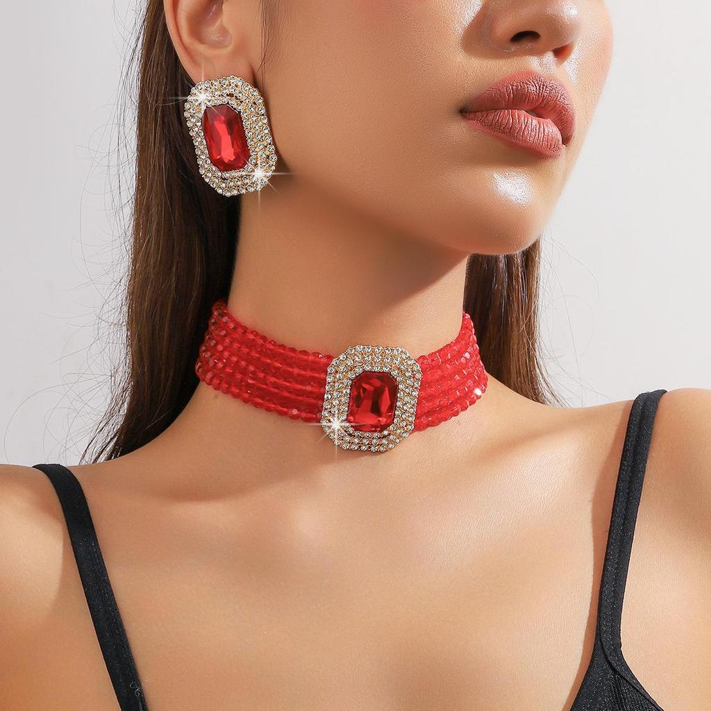 Set Colier Choker Geometric Rectangular din Sticlă de Cristal Multistrat de Lux și Cercei
