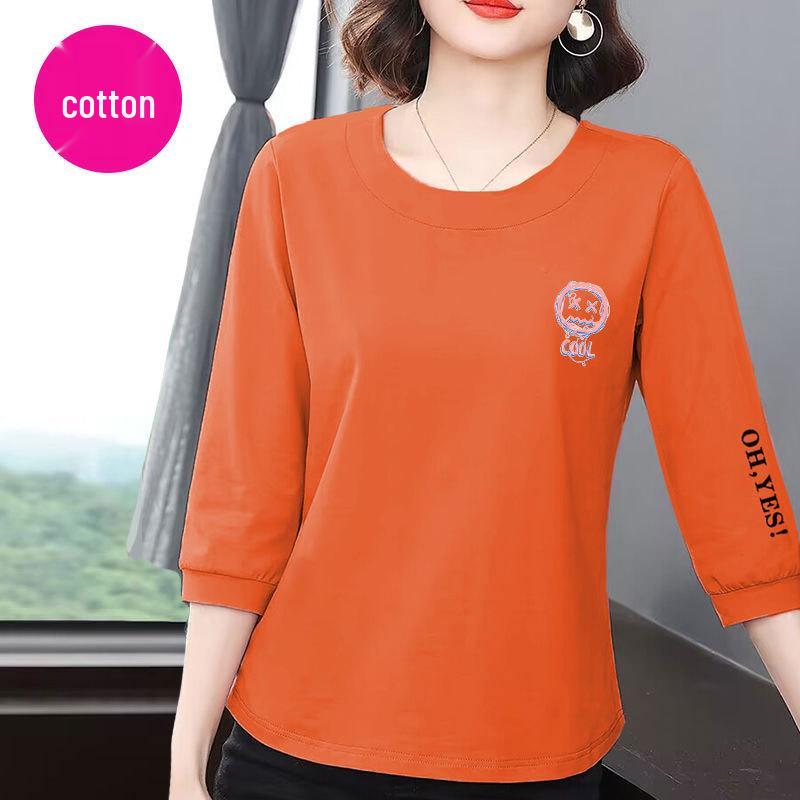 Women's 2025 Korean Style Cotton Seven-Sleeve Slimming T-Shirt - Casual Loose Fit