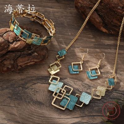 Cross-border New Color Painting Oil Geometric Square Stud Earrings Bracelet Necklace Set, High-end Women's Jewelry Set