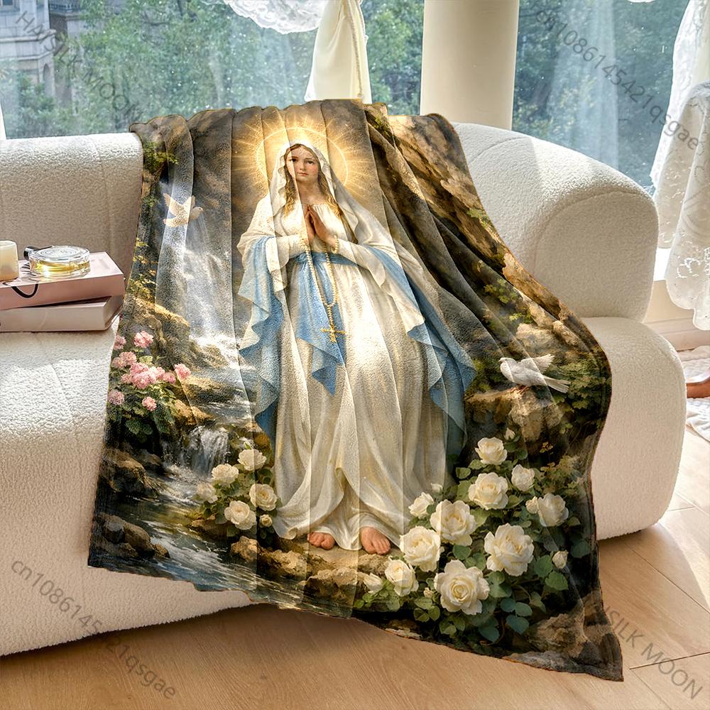 1PC Virgin Mary with Doves Print Blanket Warm Soft Fluffy Kids and Adult Sofa Bed Throw Blanket Outdoor Travel Camping RV