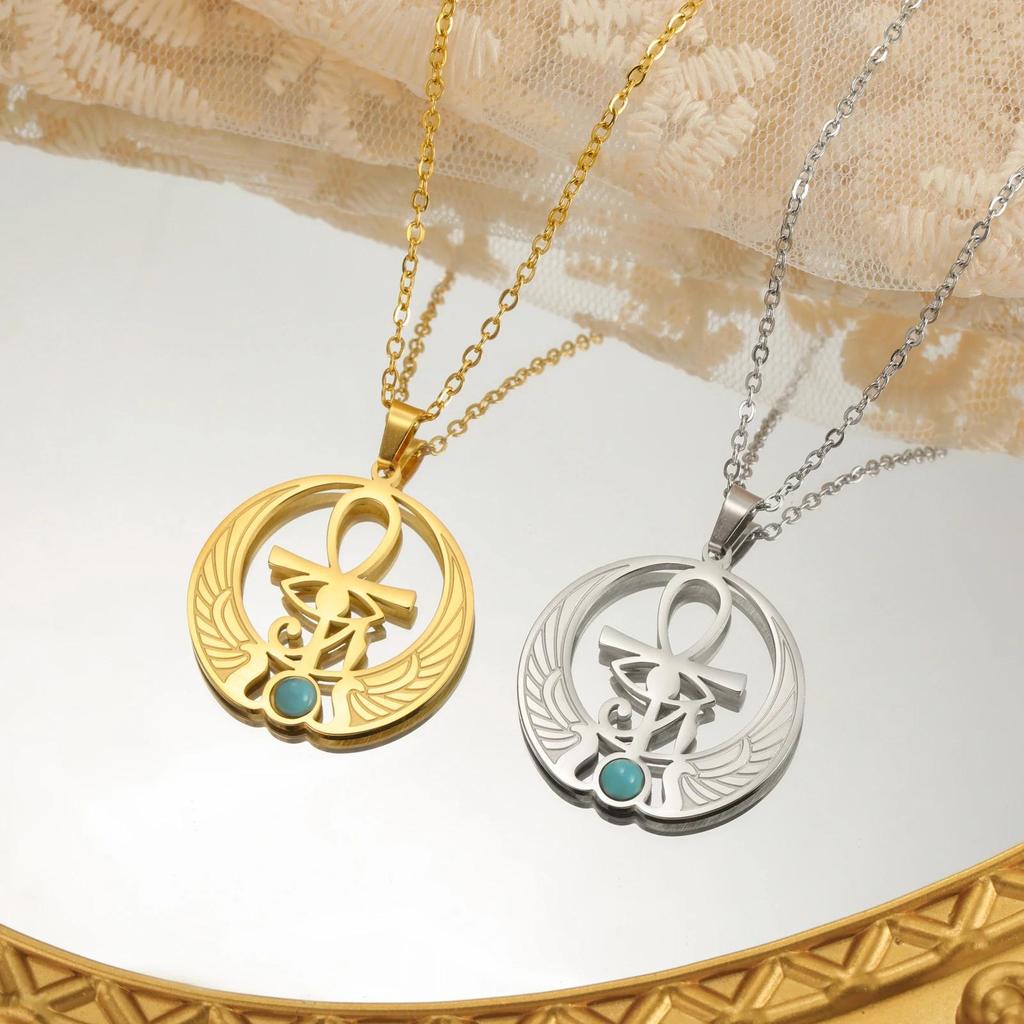 Ancient Egyptian Symbol Horus Eye Pharaoh Protection Amulet Talisman Pendant Necklace Blue Rhinestone Men Women Stainless Steel Chains Jewelry Gifts