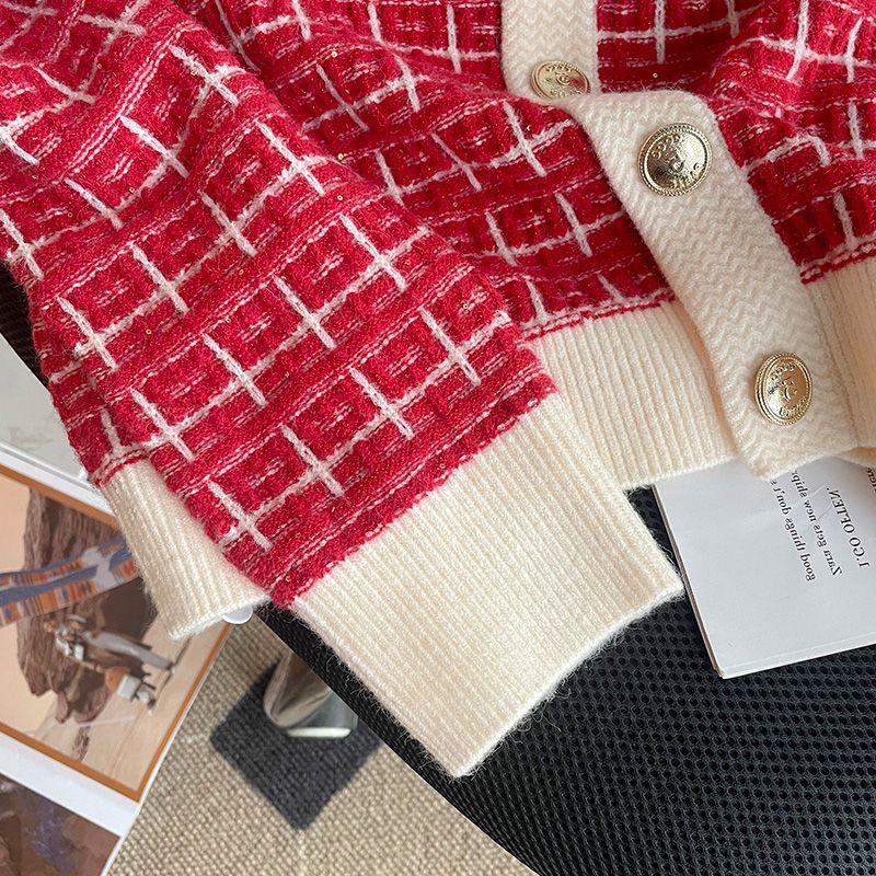 Zimní první láska Červený svetr Cardigan Ženy Design Sense Small High Sense Small Voňavý Nový rok Pletený svetr Cardigan