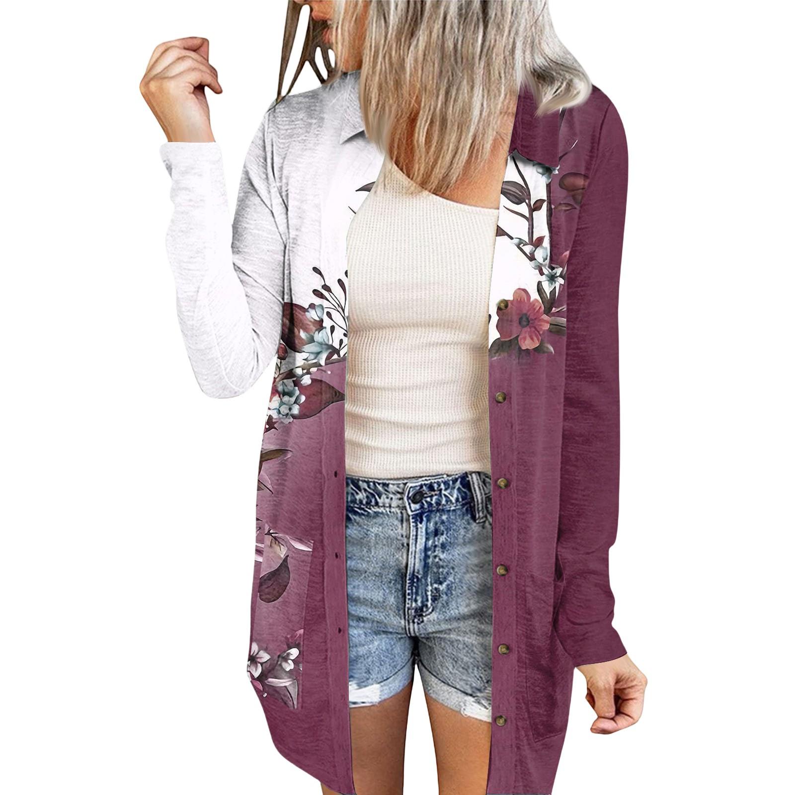 

Женский повседневный модный кардиган-жакет средней длины с длинными рукавами и цветочным принтом S