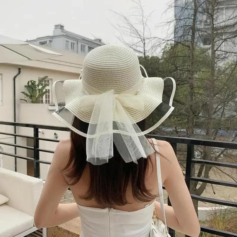 New Foldable Wide-brimmed Girl Straw Hat Pearl Sun Hat Beach Wave Hat UV Protection Travel Hat Lady Beach Hat