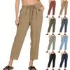 Damen Schräge Tasche Elastischer Bund Cropped Hose Lässige Baumwoll- und Leinenhose