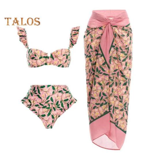 3 sztuk/zestaw damskie letnie bikini z okryciem plażowym spódnica styl boho rękawy z falbankami biustonosz bandeau wysokiej talii majtki do pływania sznurowany zestaw narzutek