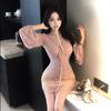 Pink slim strap v-neck long-sleeved T-shirt women's autumn pure desire suit lace splicing hip skirt two-piece set