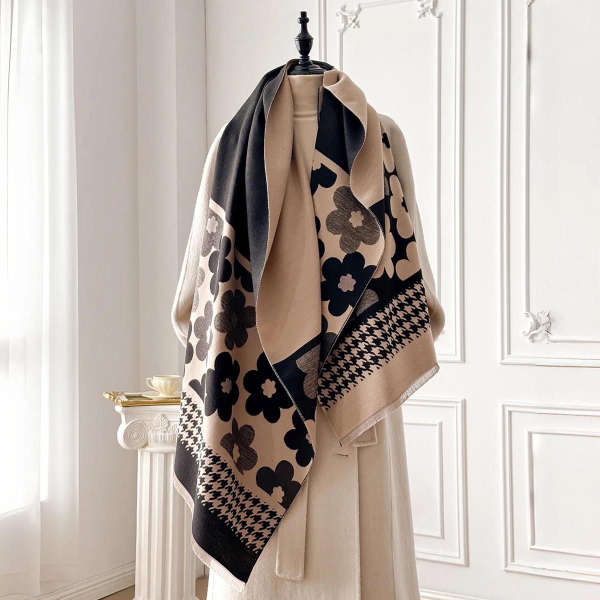 2025 Новый Элегантный Женский Пашминовый Жаккардовый Кашемировый Шарф Зимний Теплый Двусторонний Шаль Защита от Холода Ветрозащитный Шарф-Одеяло