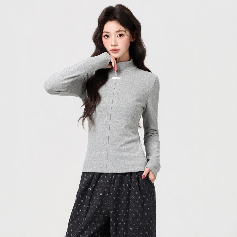 Korean Style Women s Slim-Fit Grey Semi-High Neck Long-Sleeve Base Layer Top for Spring/Autumn Medium