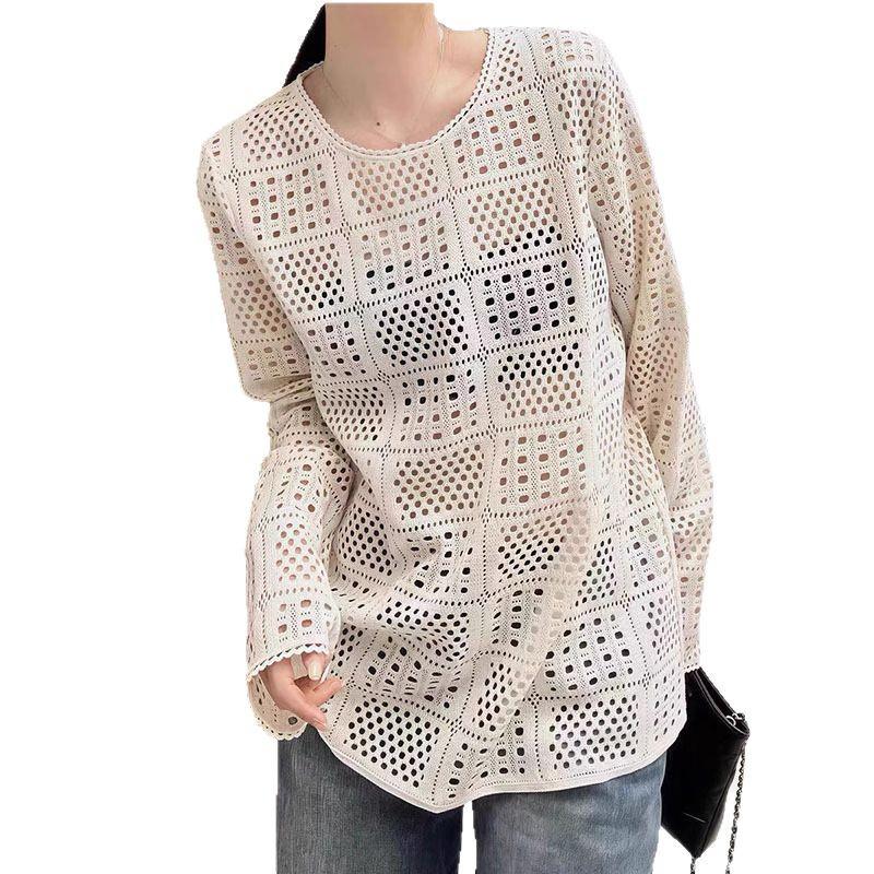 Women's Retro Korean Crochet Knit Cardigan - Loose, Hollow, Solid Color, Sun Protection - Spring/Summer 2025.