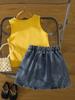 Yellow Sleeveless Top & Denim Skirt Set with Daisies for Girls