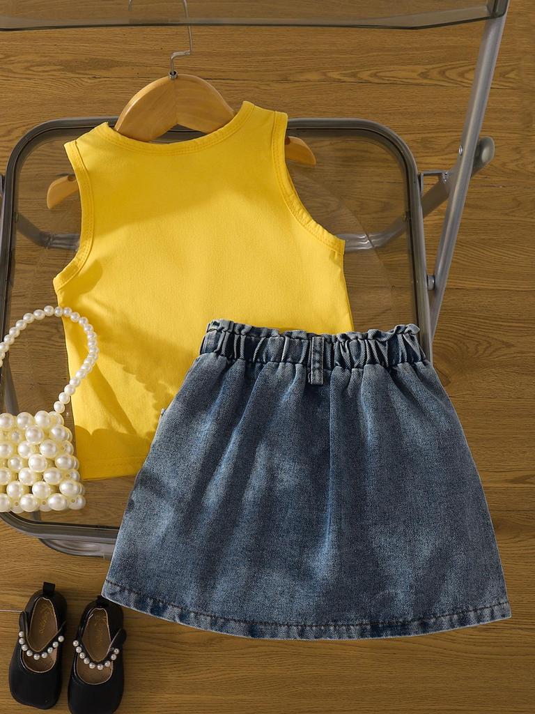 Yellow Sleeveless Top & Denim Skirt Set with Daisies for Girls