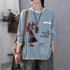 Women's Long Sleeve The T-shirt Round Neck Cute Girl Printed Pullover Tops Loose Bottoming Shirt