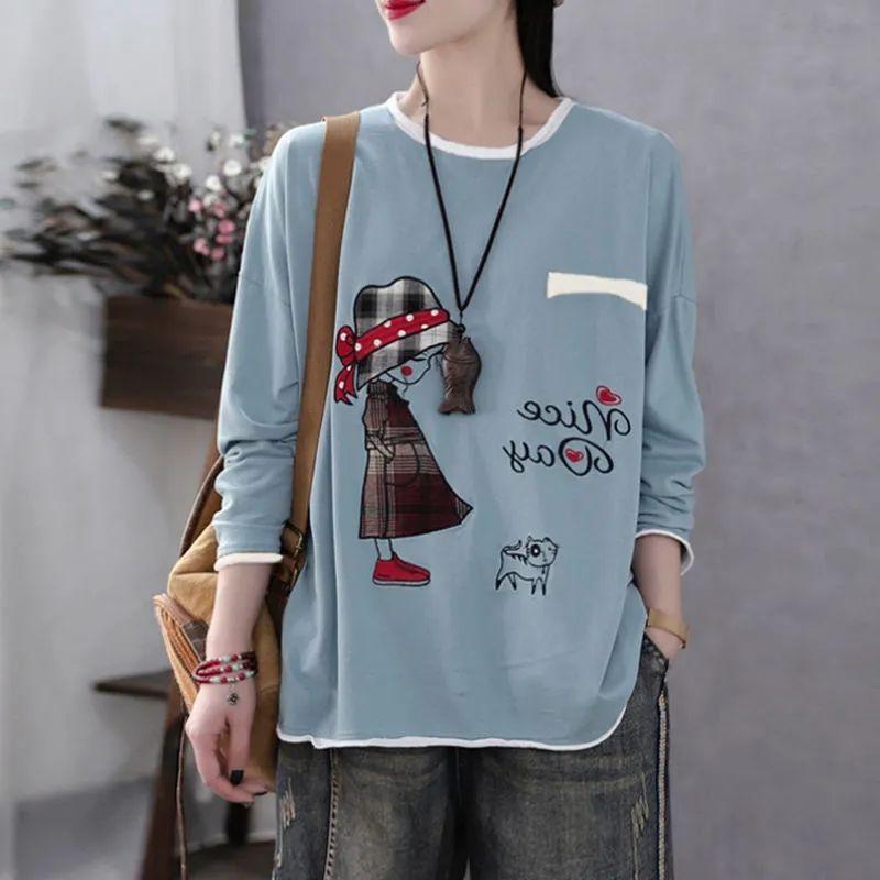 Women's Long Sleeve The T-shirt Round Neck Cute Girl Printed Pullover Tops Loose Bottoming Shirt