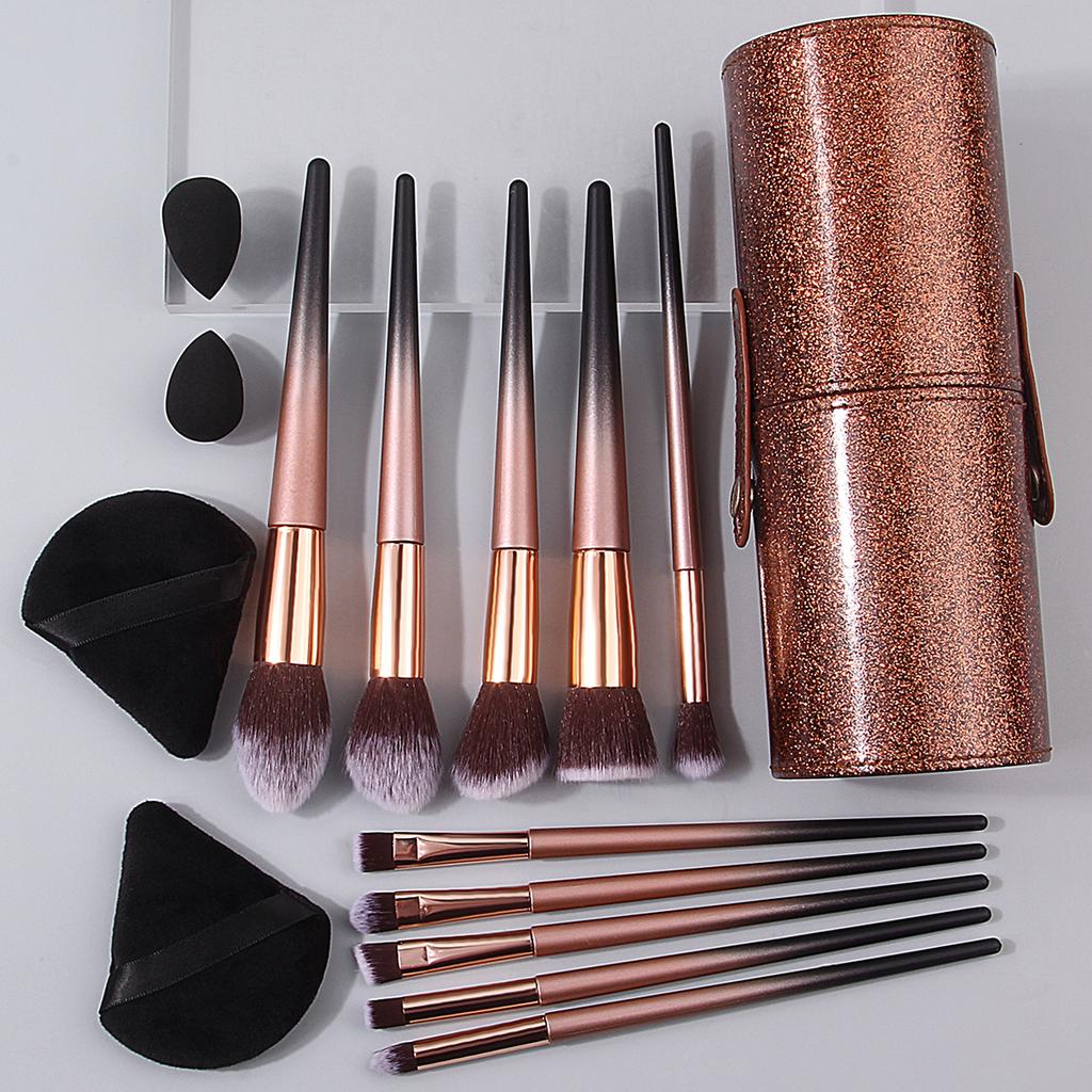 10 pieces makeup brush set, gradient handle+flash brown storage bucket, comes with 2 mini beauty eggs+2 triangular powder puffs
