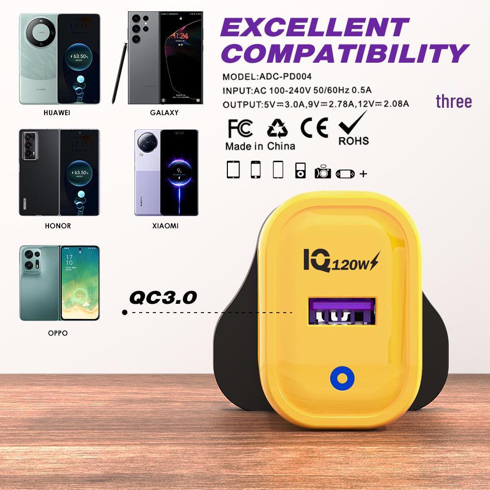 120W Cross-Border USB Fast Charger - European, American, UK Standard, Amber Yellow