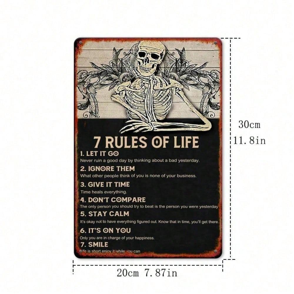 Vintage Metal Tin Sign 7 Rules of Life Skull Wall Art Decor Rustic Iron Plaque for Home Office Bar