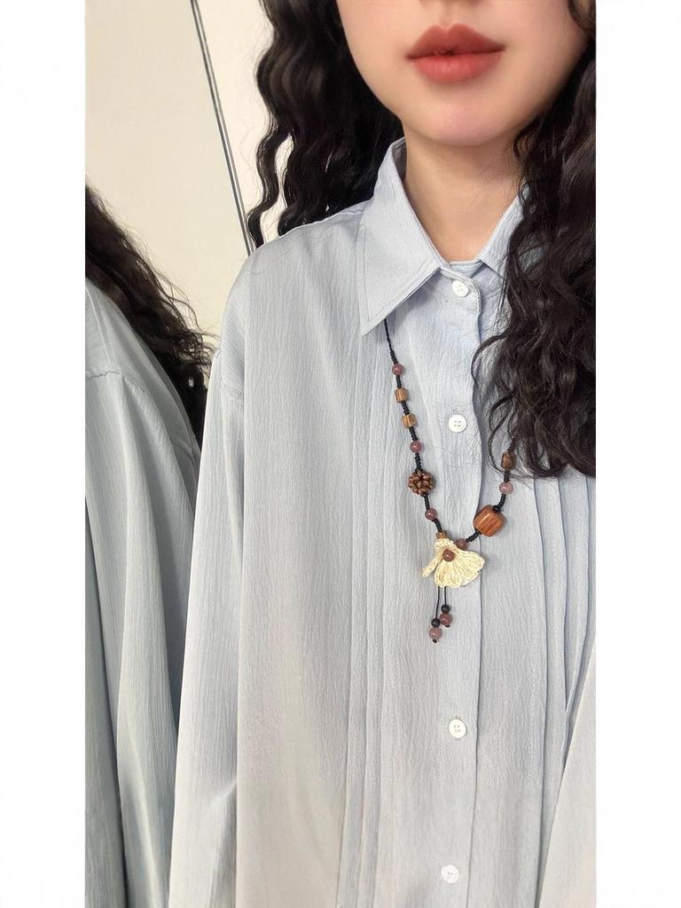 Women's Early Autumn Japanese-Inspired Pleated Long-Sleeve Shirt - Casual and Loose Fit