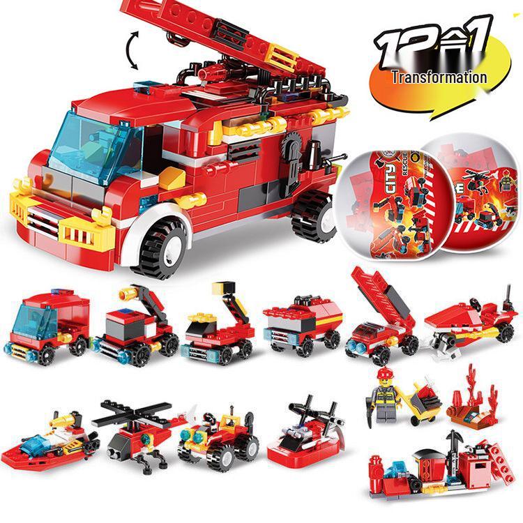 City Fire Truck Building Blocks 12-in-1 Transformable DIY Assembly Interlocking Toy Car