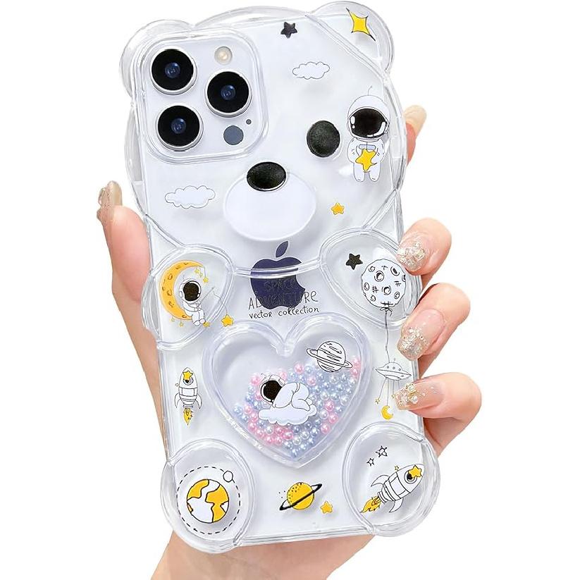Cute Phone Cases for iPhone 16 Clear with Cartoon 3D Bear Astronaut Space Design Flexible TPU Shockproof Women Girls Kids Kawaii Phone Cover for iPhone 11