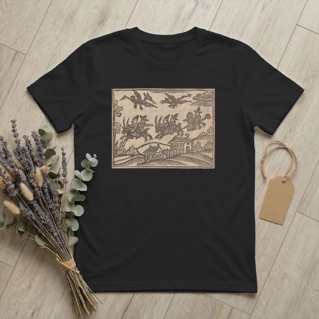 Funny 18th Century European Woodcut Prints TShirts Unisex O Neck Cotton T Shirt Flying Witches Short Sleeve Tee Plus Size Merch