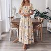 Summer New Style Country-style Maxi Skirt with Small Floral Patterns, Square Neckline, Fitted Waist, and Short Sleeves.