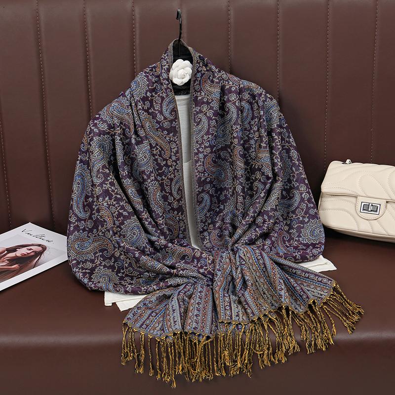 

[T077] Ethnic Style Tassel Blanket Thick Pashmina Winter Warm Shawl Wrap Cashmere Jacquard Scarf Women Neckerchief Poncho Stoles 60x180cm