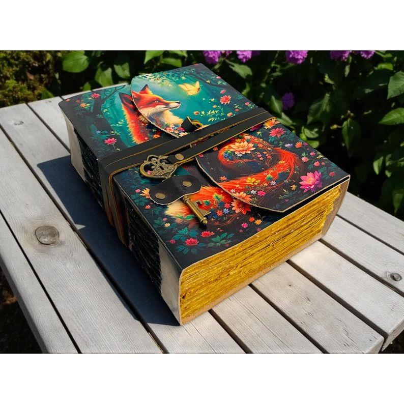 Fox Leather Journal Vintage Handmade Notebook With Key Grimoire Spell Book of Shadows Celestial Diary Christmas Gifts For Him Her