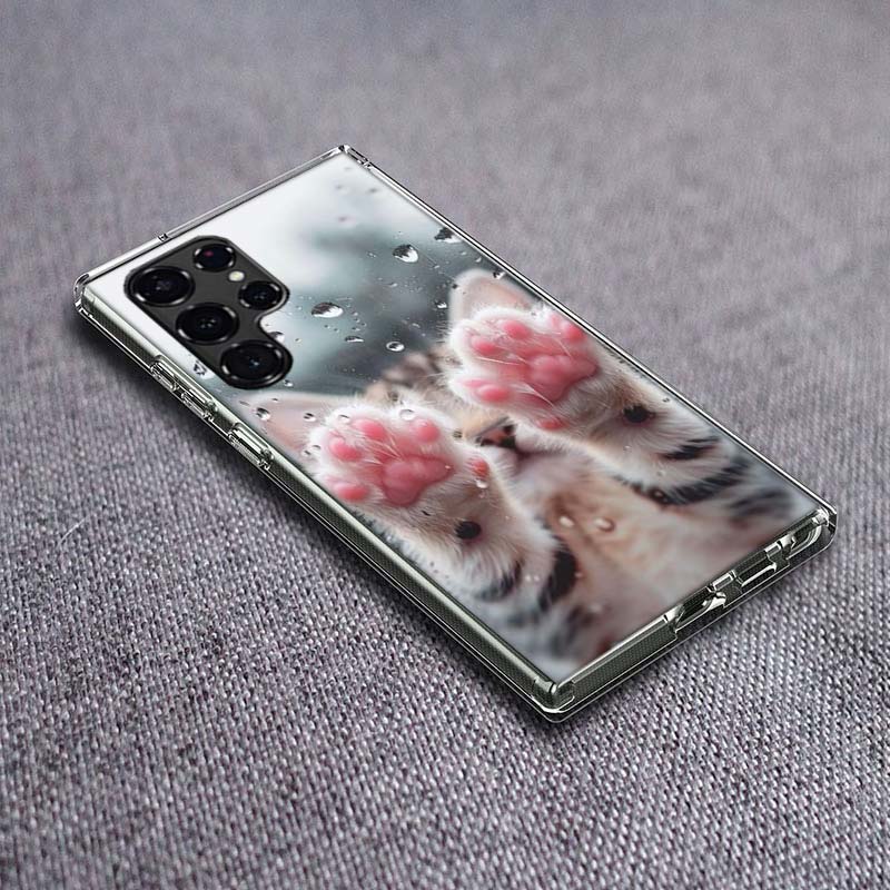 Pink Cat Hand Phone Case For Samsung Galaxy S24 S23 S21 S20 FE S22 S26 Ultra S25 Edge S10 Plus Cover Clear TPU Capa Shell Coque