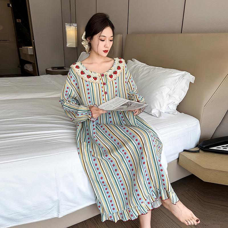 Autumn Pure Cotton Plus Size Nightgown - Women's Oversized Print Homewear & Outerwear