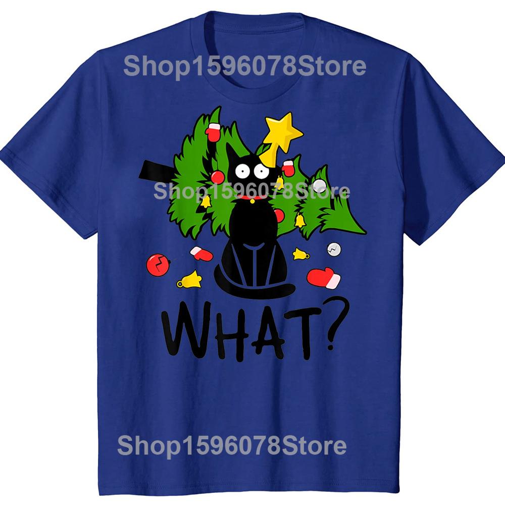 Funny Black Cat Christmas Tree Merry Xmas Humor Cat What Tshirts Men Fashion Cotton Oversized Crewneck Collar Hip Hop T Shirt