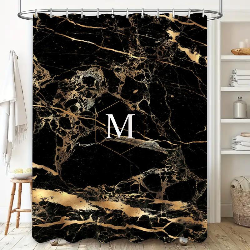 Luxury Golden Marble Shower Curtain with Initial: Bathroom Decor, Custom Size Available Modern Home Accessories for Bathtub Spa