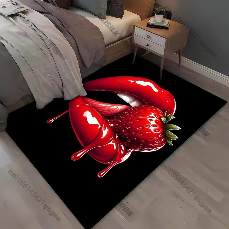 15 Größen Rote Lippen Erdbeermuster Teppich für Schlafzimmer Wohnzimmer Anime Teppiche für Mädchenzimmer Fußmatte Heimdekoration Rutschfester Teppich