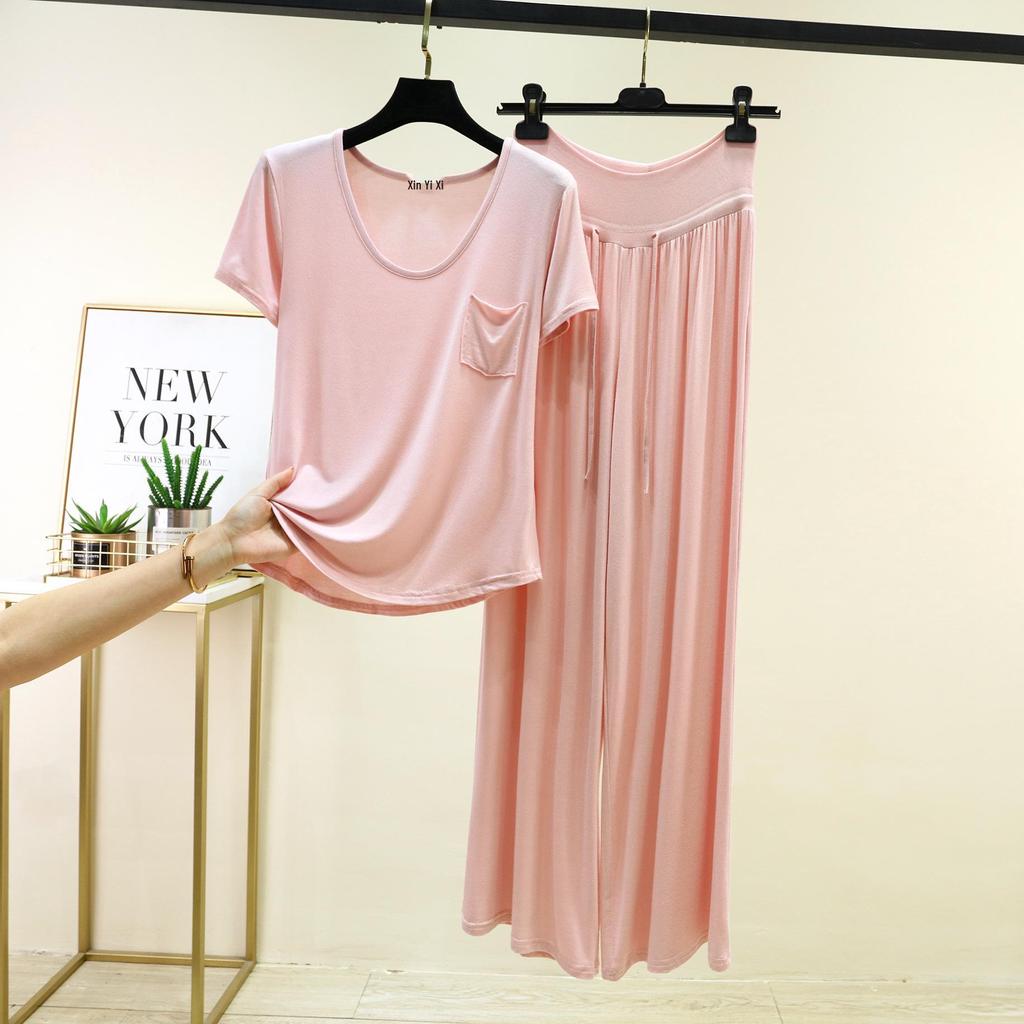 Women's Casual Summer Solid Color Base Layer Set - Round Neck, Short Sleeve, Long Pants